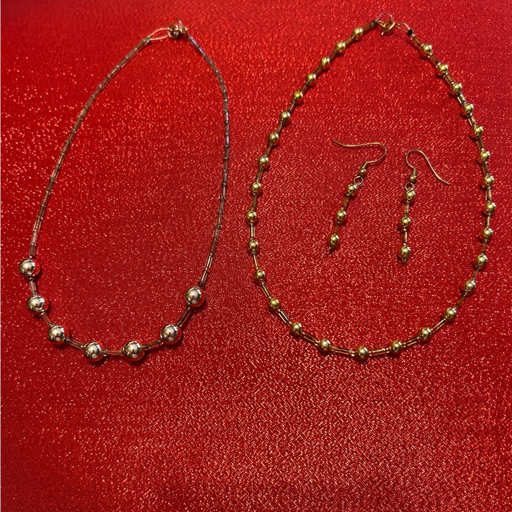 Girl’s Gold beaded 14” necklace with matching earrings/silver beaded necklace